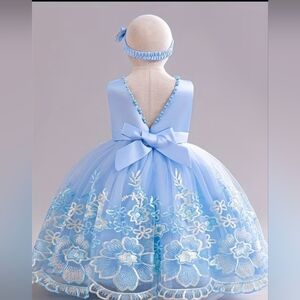 Blue Floral Tulle Flower Girl Dress with Bow New